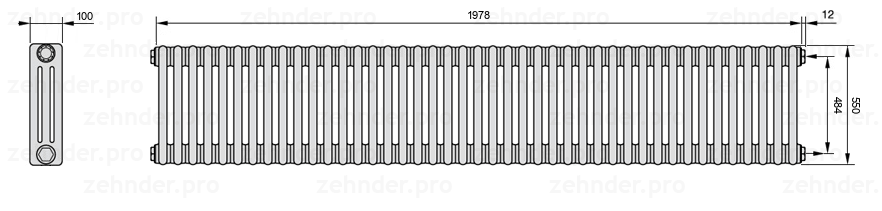 Схема (чертеж) Радиатор Zehnder Charleston 3055/43 №7610 Белый глянцевый RAL 9016